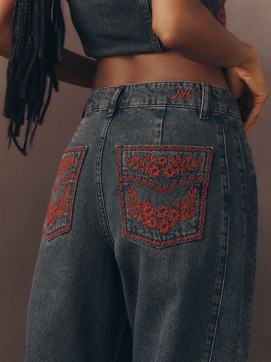 Damson Madder Denim - Damson Madder Neve Embroidered High-Rise Straight-Leg Jeans Size 12